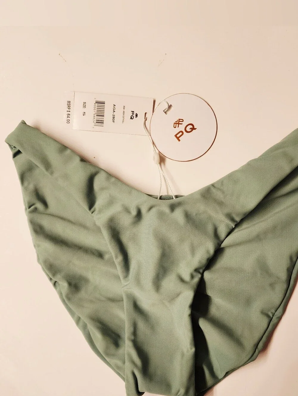 PQ Swim Teeny High Cut Full Ruched Bikini Bottoms In Sage Green Size Small